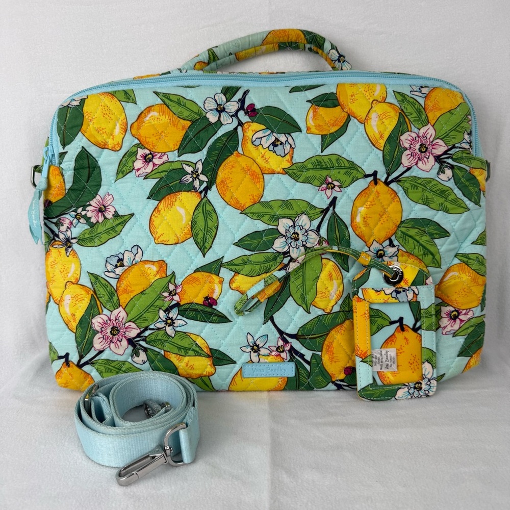 Vera Bradley Lemon Quilted Laptop Bag w Handle, Shoulder Strap, Badge/ID Holder
